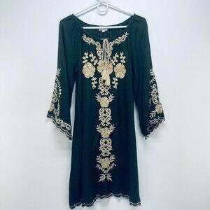 C/C Chic Connection Navy Dress Size S Green Embroidered Floral Long Sleeve